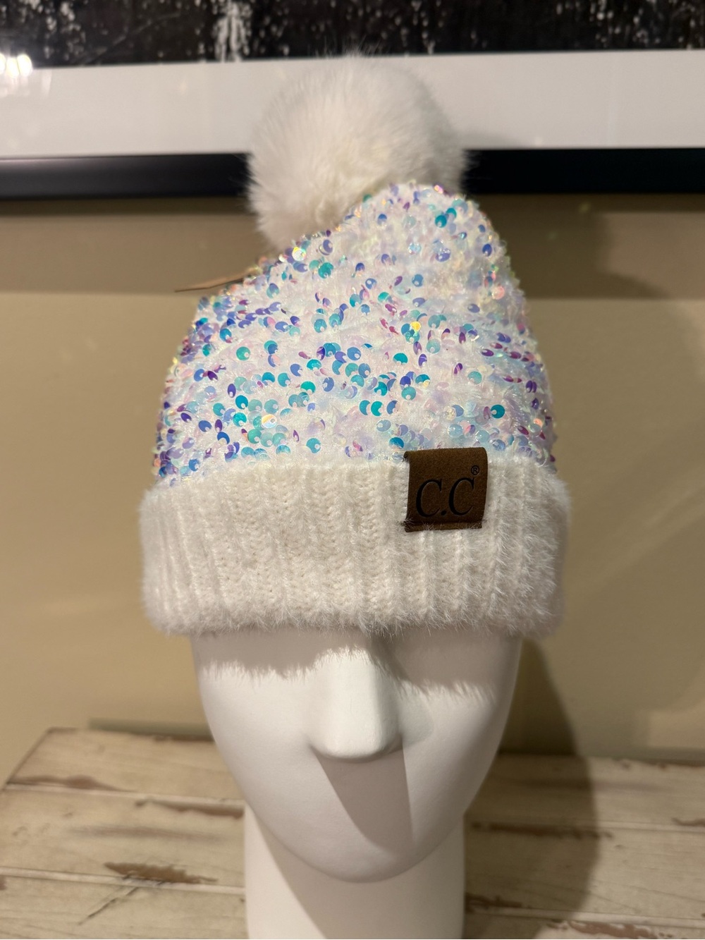 C.C. White Sequin Beanie NWT Faux Fur Pom Fuzzy Fleece Lined Sparkle Hat